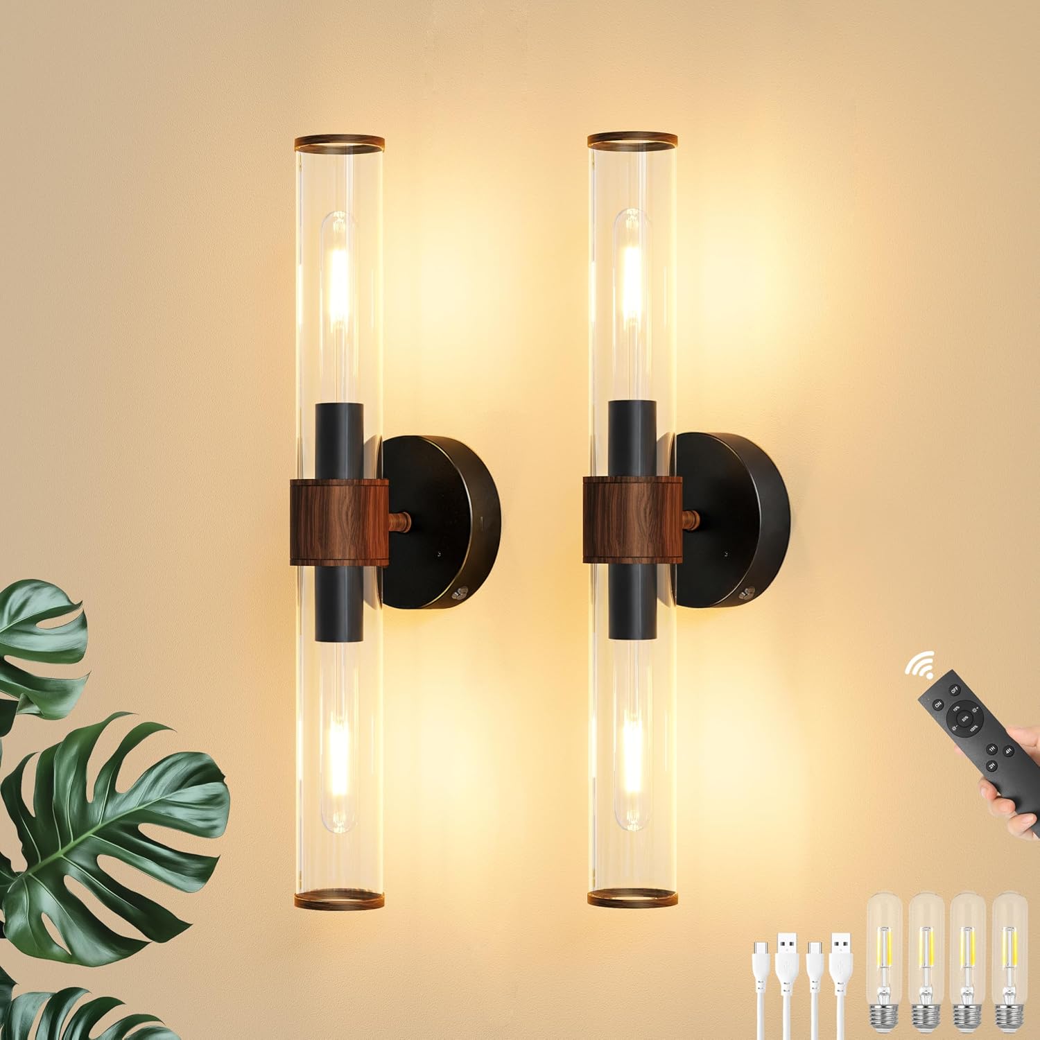 Morauroral Black Walnut Battery Operated Wall Sconces Set of 2, Rechargeable Wall Lights with Remote, 20 Inch Modern Wireless Sconces Wall Lighting for Bedroom, Living Room,TV with Glass Shade