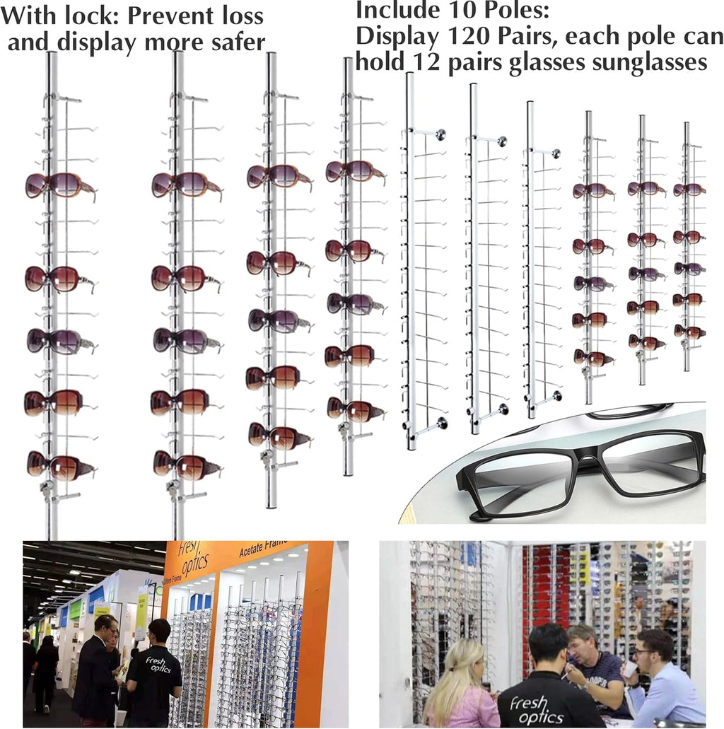 Eyewear Display Sunglass Display Stand Store Retail Display Glasses Holder Stand Sunglasses Display Stand Sunglasses Sunglasses Rack (Wall Riser Display 120 Pairs(With Lock))