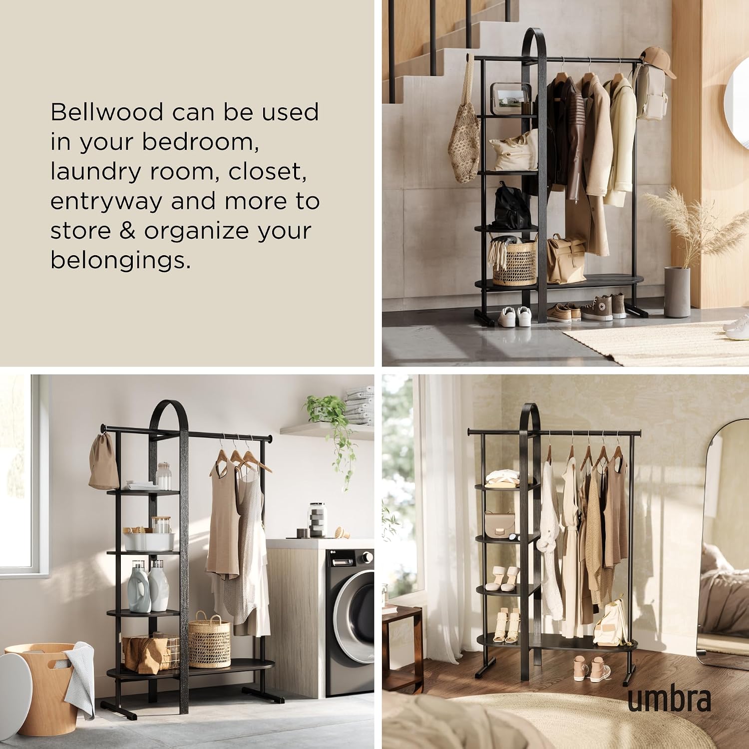 Umbra Bellwood Garment Rack Clothes Stand for Clothing, Coats, Dresses, with Shelf for Shoes and Accessories, Black