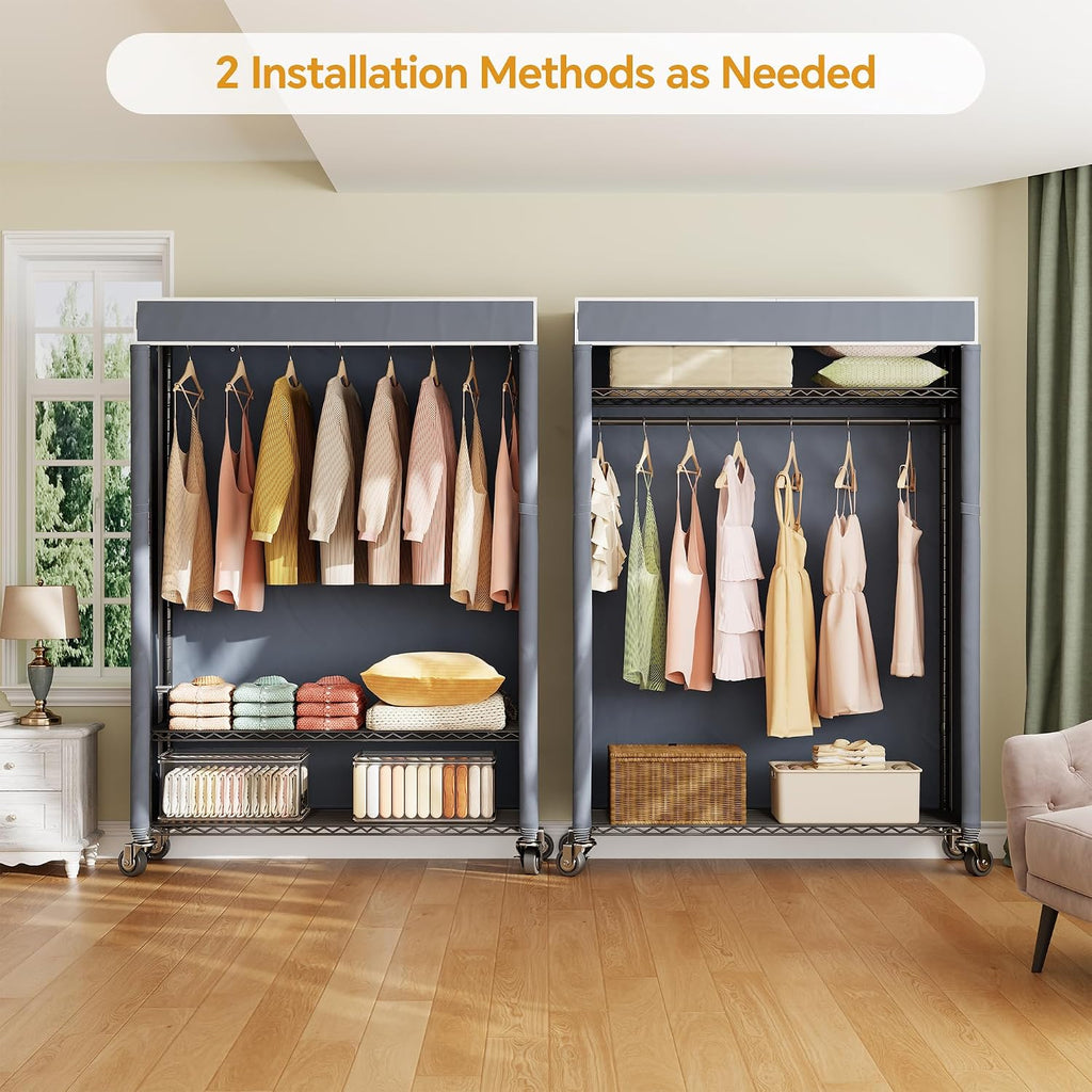 Higeego H4 Plus Rolling Clothes Rack with Cover, Heavy Duty Garment Rack, Wardrobe Closet with Wheels, Portable Closets for Hanging Clothes, Closet Organizer Storage, Black Rack with Grey Cover