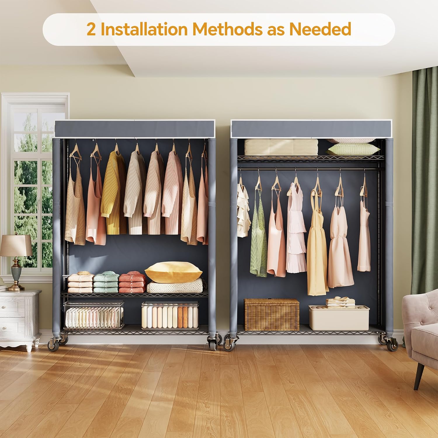 Higeego H4 Plus Rolling Clothes Rack with Cover, Heavy Duty Garment Rack, Wardrobe Closet with Wheels, Portable Closets for Hanging Clothes, Closet Organizer Storage, Black Rack with Grey Cover