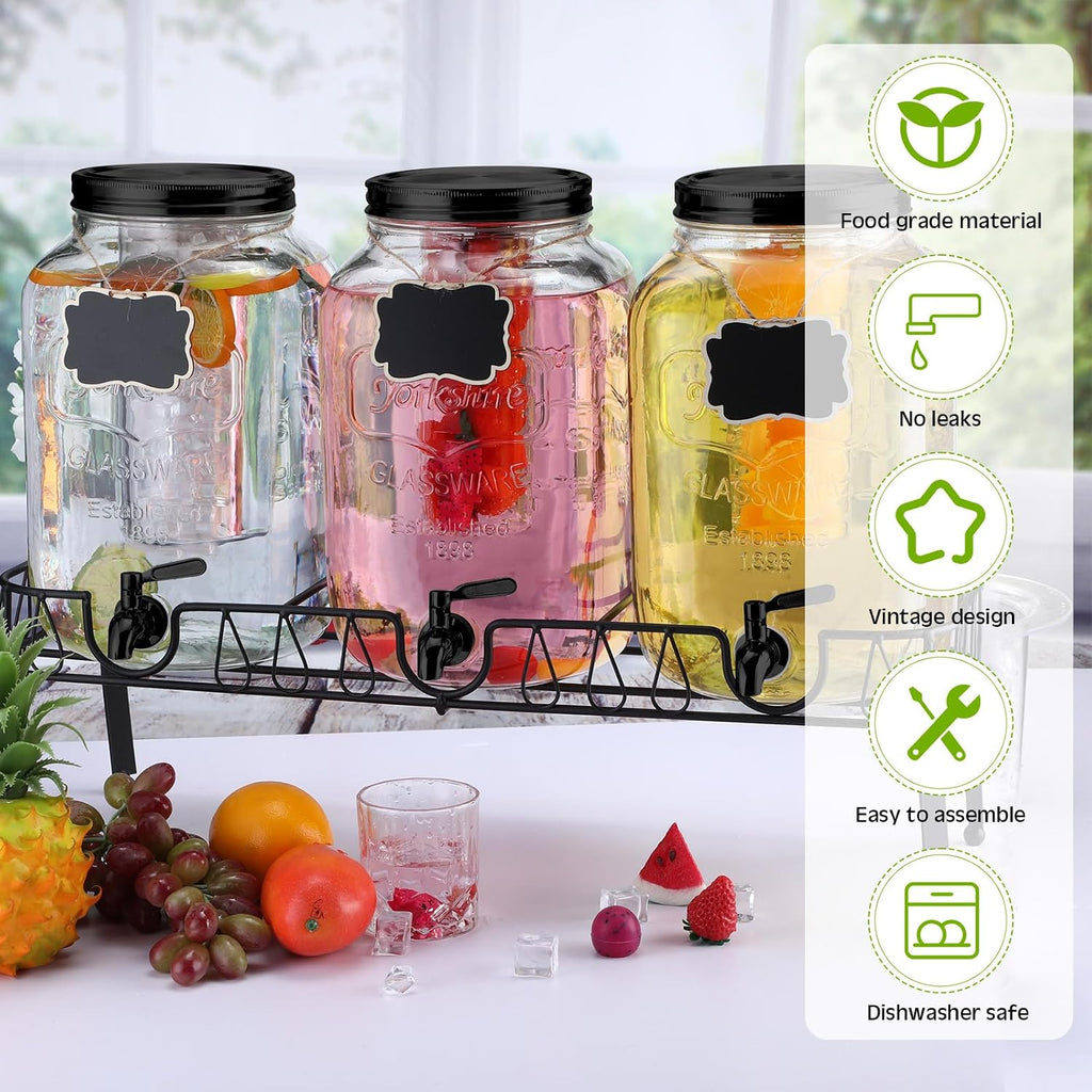 Lallisa 3 Pcs 2 Gallon Glass Drink Dispenser with Stand and Lid Mason Jar Beverage Dispenser with Stainless Steel Spigot, Hanging Chalkboard Signs, Fruit Infuse, Ice Cylinder, Liquid Pen (Black)