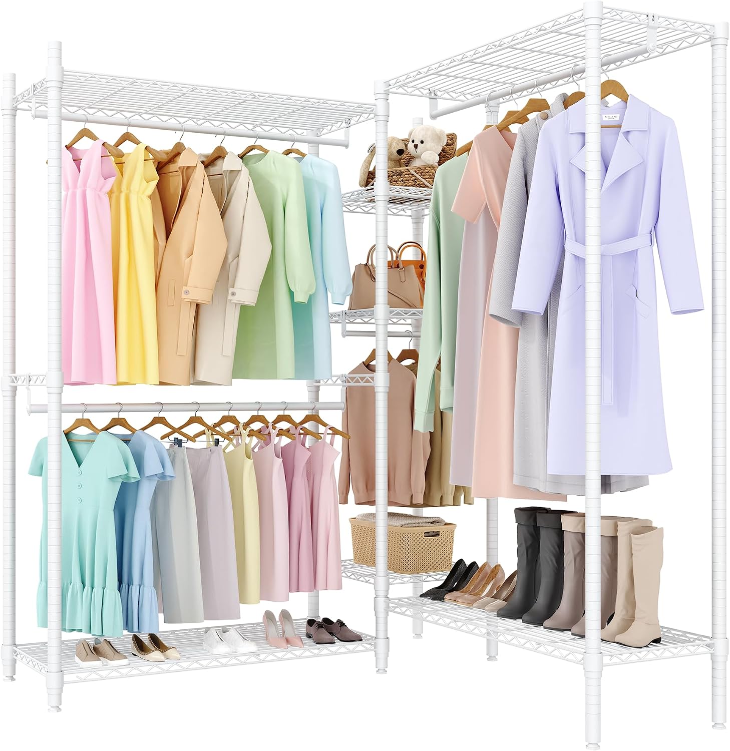 1630 LBS Heavy Duty Clothes Rack with Adjustable Shelves, 5 Tiers L-Shaped Freestanding Closet Organizer and Storage for Hanging Clothes, 85.4' W x 17.4' D x 70.5' H