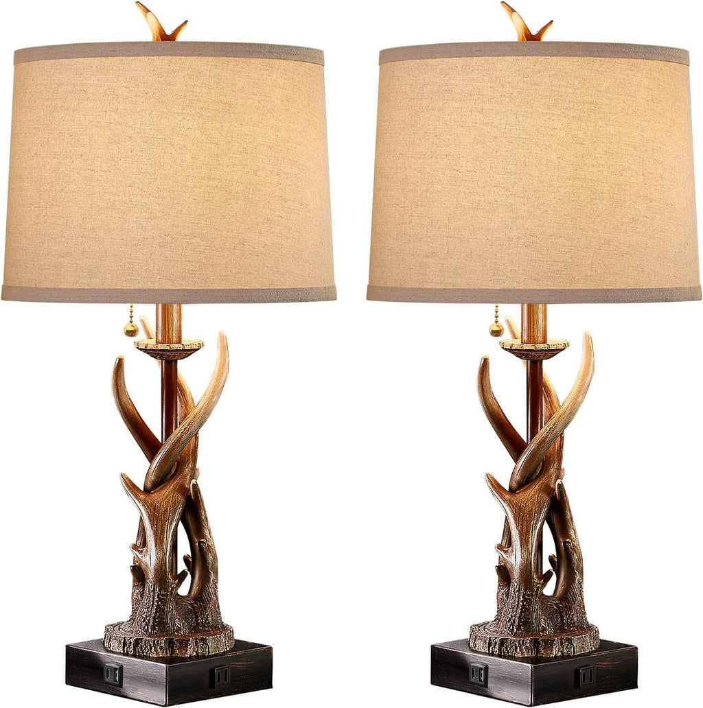 Rustic Antler Table Lamps Set of 2 with USB A+C Ports for Bedroom Farmhouse Deer Bedside Lamps with Linen Lampshade for Living Room End Table Hunting Themed Cabin Lamp Pull Chain
