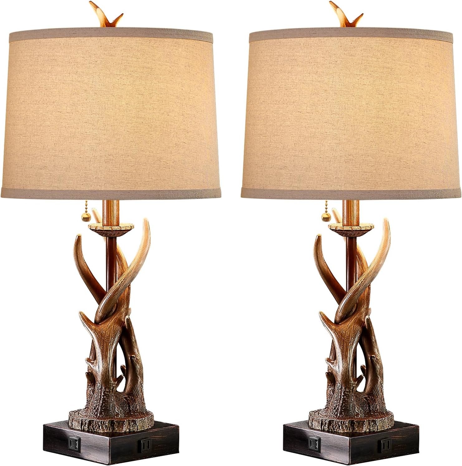 Rustic Antler Table Lamps Set of 2 with USB A+C Ports for Bedroom Farmhouse Deer Bedside Lamps with Linen Lampshade for Living Room End Table Hunting Themed Cabin Lamp Pull Chain