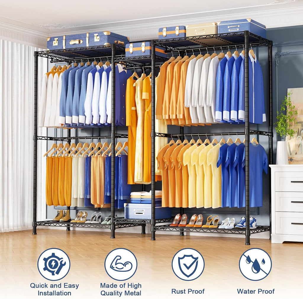 Ulif E12 Pro Clothes Rack，Heavy Duty Freestanding Garment Rack with Shelves，Metal Clothing Closet Storage System for Hanging Clothes，71' W x 16' D x 76.5' H, Hold 960 lbs，Black