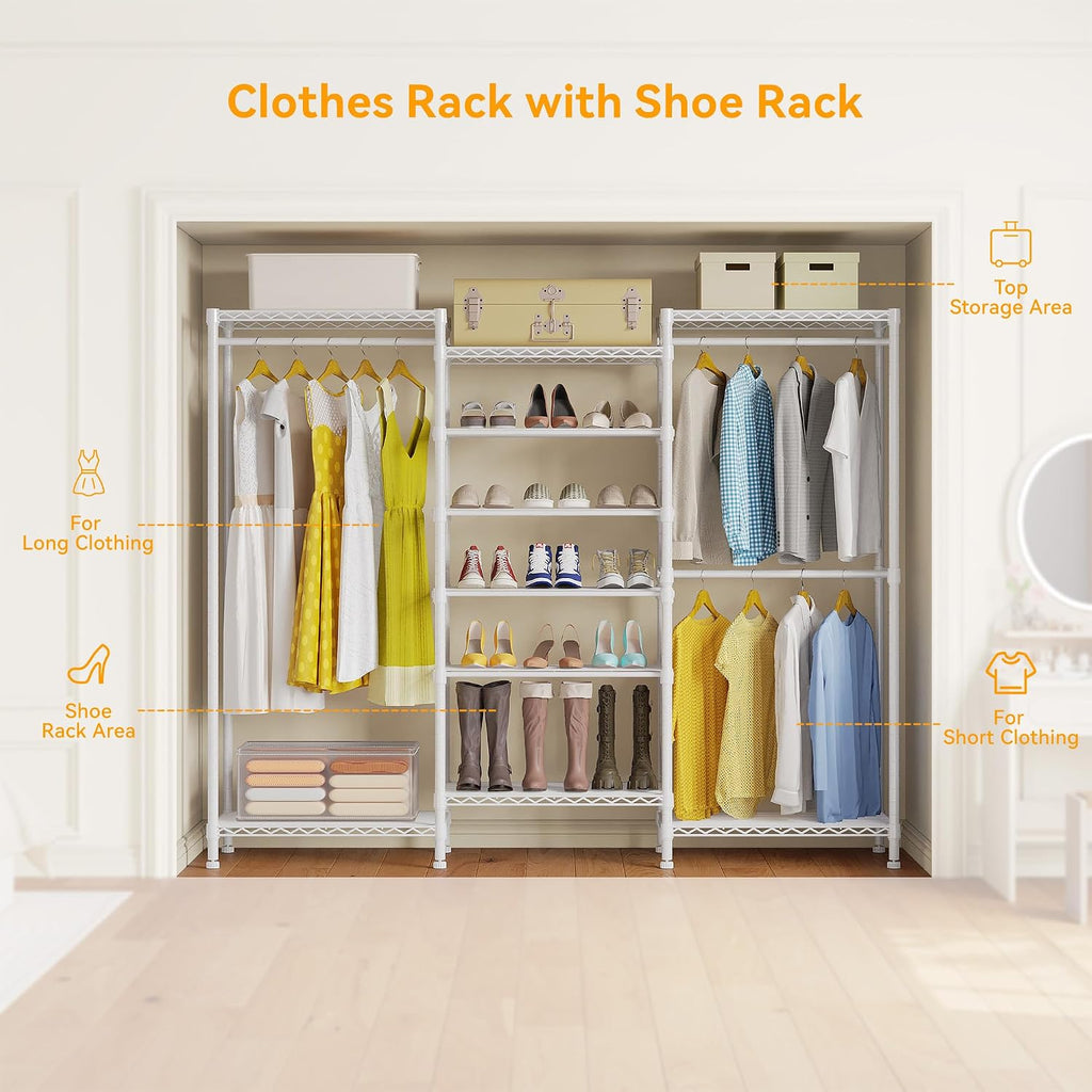 Higeego H12 Heavy Duty Clothes Rack with Adjustable 5-Tier Shoe Rack, Metal Clothing Racks for Hanging Clothes, Freestanding Shoe Organizer Large Garment Racks, 15.7' D x 68.7' W x 76.4' H, White