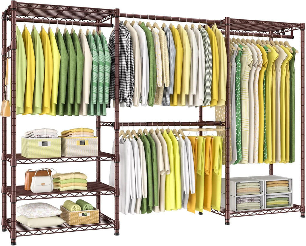 Ulif E1 Heavy Duty Closet Garment Rack, 6 Tiers Adjustable Metal Freestanding Expandable Clothing Storage with 4 Hanger Rods, Easy to Assemble Wardrobe, 71.4' H x (70' - 88.2') L x 14' D, Bronze