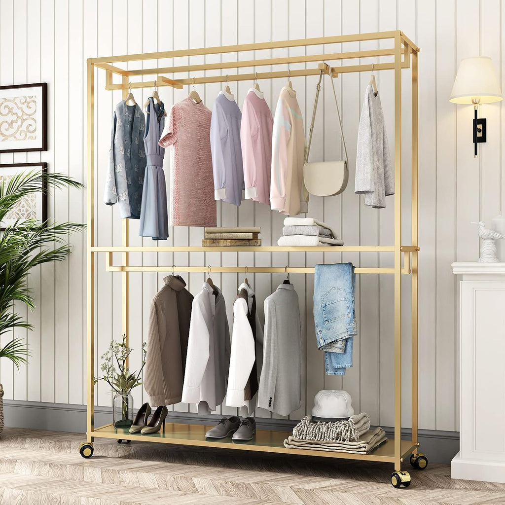 TIEOU Gold Clothes Racks Free-Standing, Gold Clothing Rack with Shelves for Boutiques, Heavy Duty Garment Rack for Hanging Clothes, Large Wardrobe Closet(Only One Shelf)