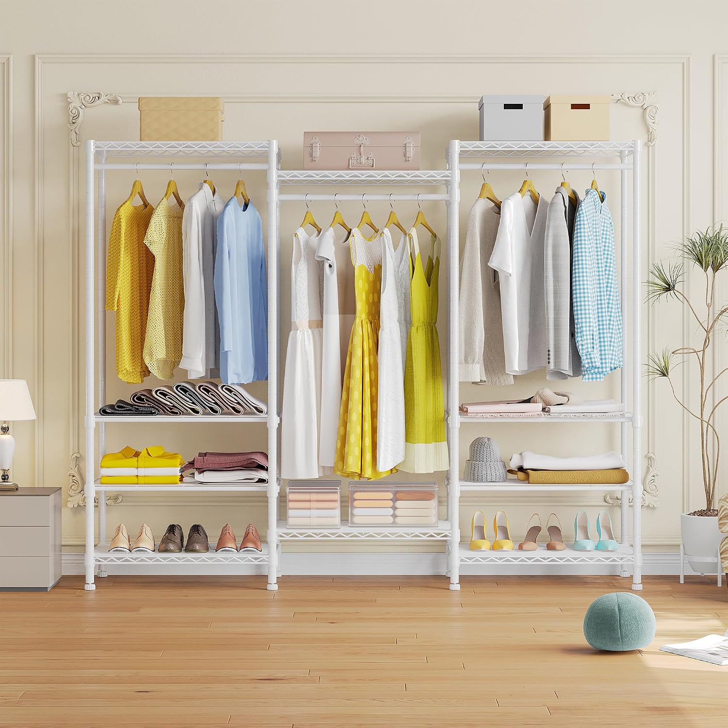 Higeego H12 Heavy Duty Clothes Rack with Adjustable 5-Tier Shoe Rack, Metal Clothing Racks for Hanging Clothes, Freestanding Shoe Organizer Large Garment Racks, 15.7' D x 68.7' W x 76.4' H, White