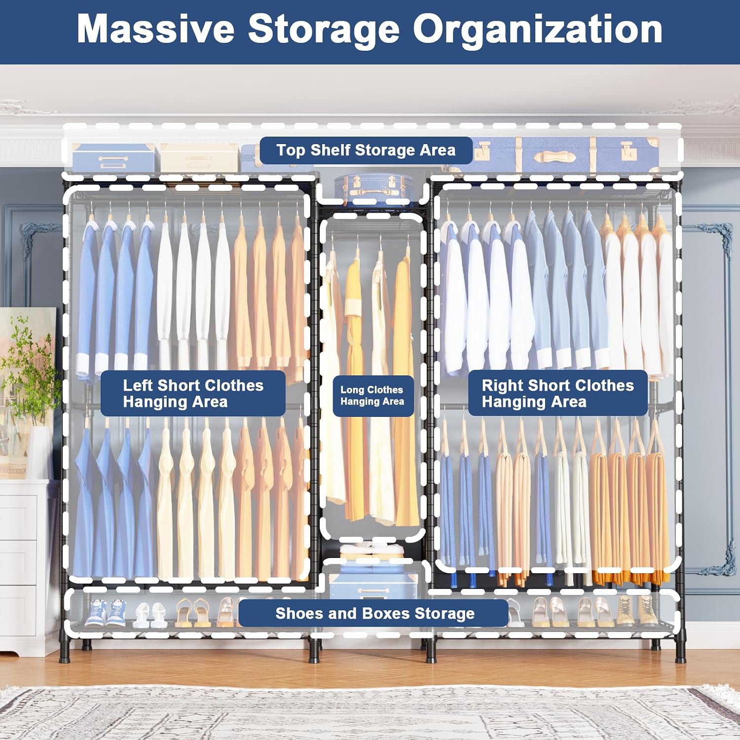 Ulif E12C Pro Heavy Duty Closet Organizer System，Freestanding Clothing Racks for Hanging Clothes，Adjustable Garment Rack 71'W x 16'D x 76.5'H Hold 960lbs，Black Clothing Rack with Grey Dustproof Cover
