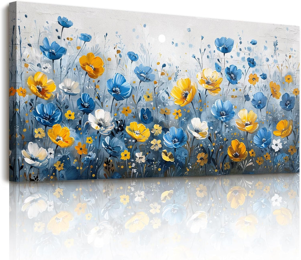 SERIMINO Extra Large Wall Art, Floral Wall Art, Nature Wall Decor, Boho Flower Market Prints, Blue Wildflowers Home Decorations, Aesthetic Pictures for Living Room Bedroom Dining Room Hallway 29'x57'