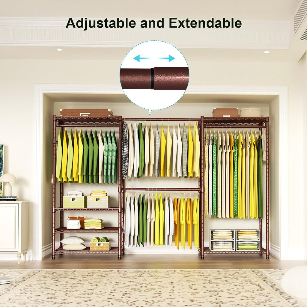 Ulif E1 Heavy Duty Closet Garment Rack, 6 Tiers Adjustable Metal Freestanding Expandable Clothing Storage with 4 Hanger Rods, Easy to Assemble Wardrobe, 71.4' H x (70' - 88.2') L x 14' D, Bronze
