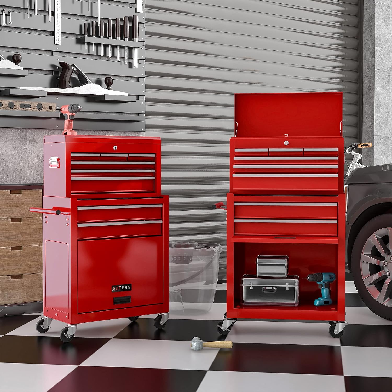 Campfun Rolling Tool Chest with Wheels, 8-Drawer Tool Box Organizer Tool Cabinet, Detachable Large Tool Cabinet with Lock, Mechanic Tool Cart High Capacity Tool Storage Cabinet, Red