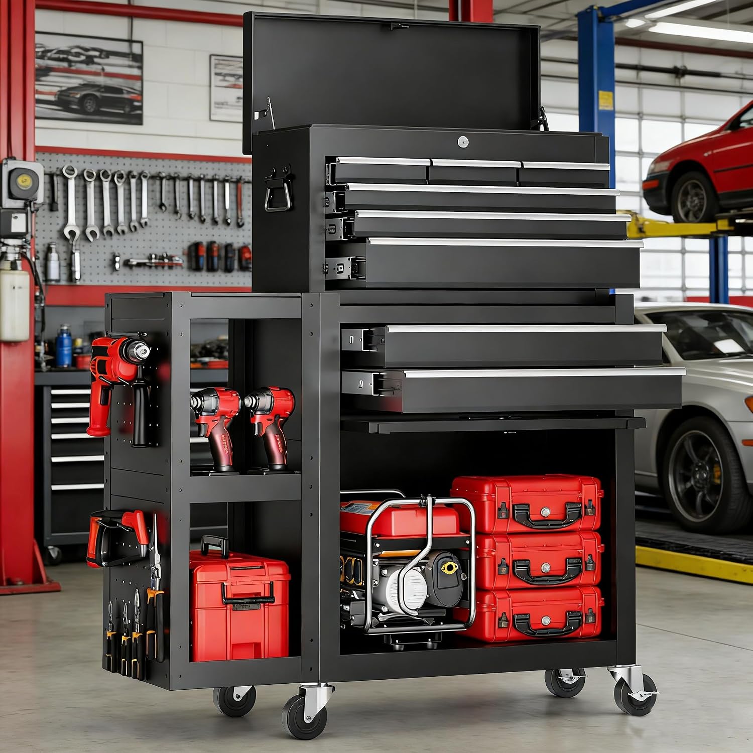 SILVEL 8-Drawer Rolling Tool Chest, 3-in-1 Lockable Tool Box on Wheels with Detachable Top Toolbox & Bottom Storage Cabinet Cart for Garage, Workshop, Repair Room, Warehouse (Black)
