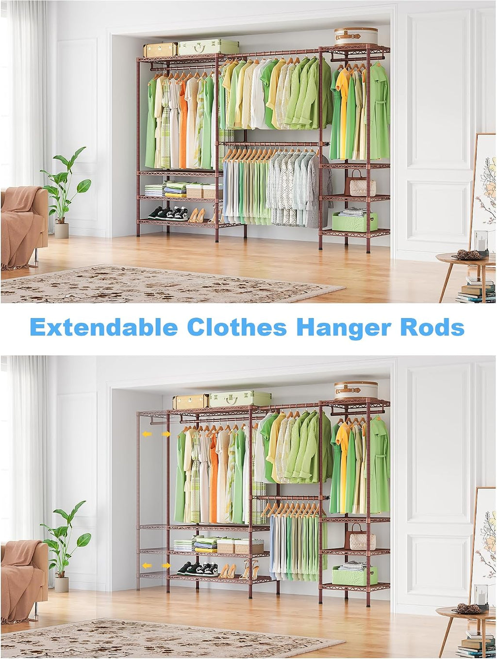 Ulif E11 Heavy-Duty Garment Rack, Metal Freestanding Clothes Rack and Closet Storage Organizer System with 8 Shelves and 4 Hanger Rods, (73.2-97.6)' W x 14.5' D x 71.2' H, Load 1034 LBS, Bronze