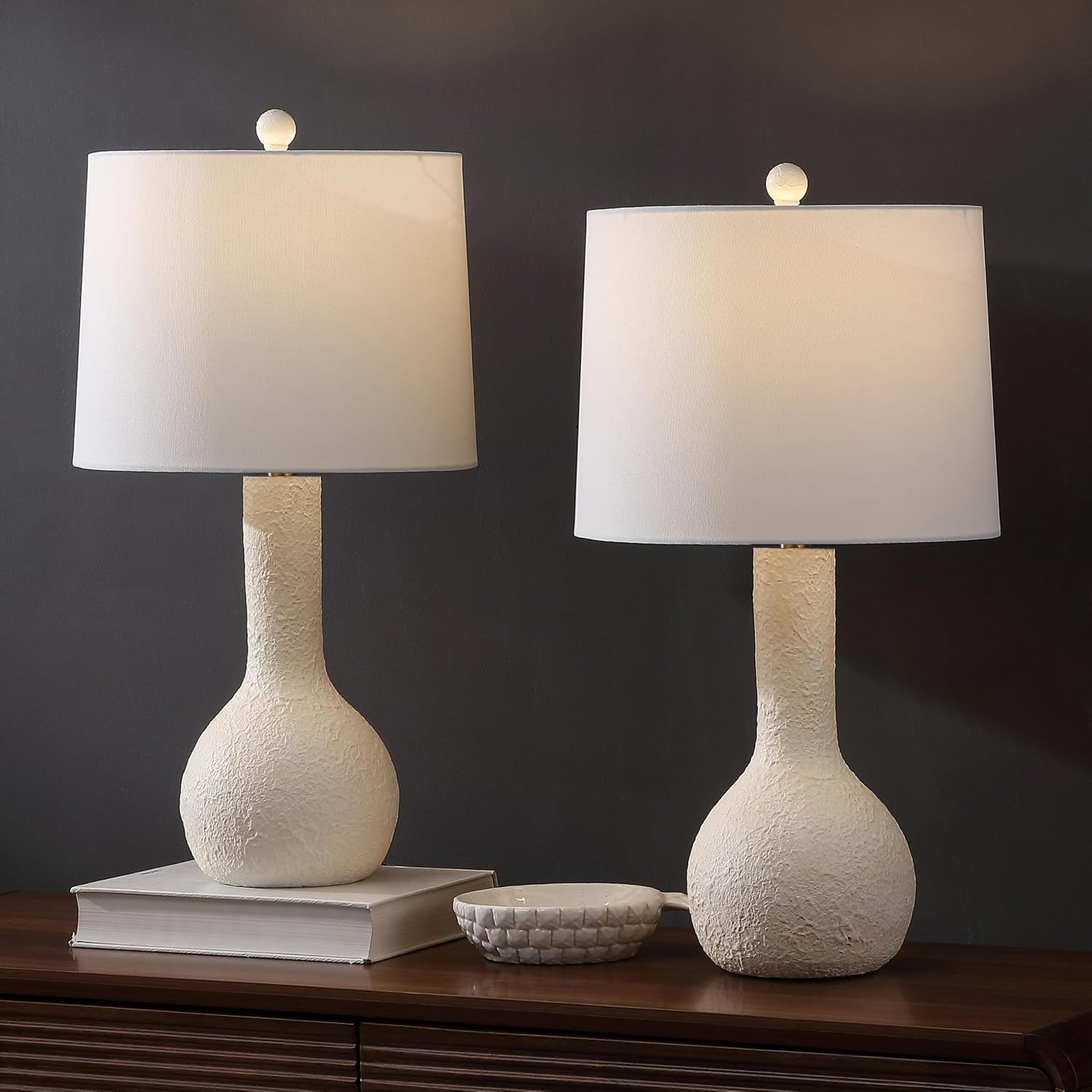 JONATHAN Y 24.75' Antique White Modern Table Lamp Set of 2 for Bedroom, Scandinavian Textured Gourd Lamps for Living Room, White Linen Shade, LED Bulbs Included JYL9207A-SET2