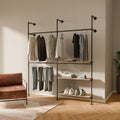 pamo Industrial Pipe Clothing Rack with Shelf – Wall Mounted Closet System, Black Powder-Coated Steel, Oak Boards – Walk-In Closet Organizer & Retail Clothing Rack