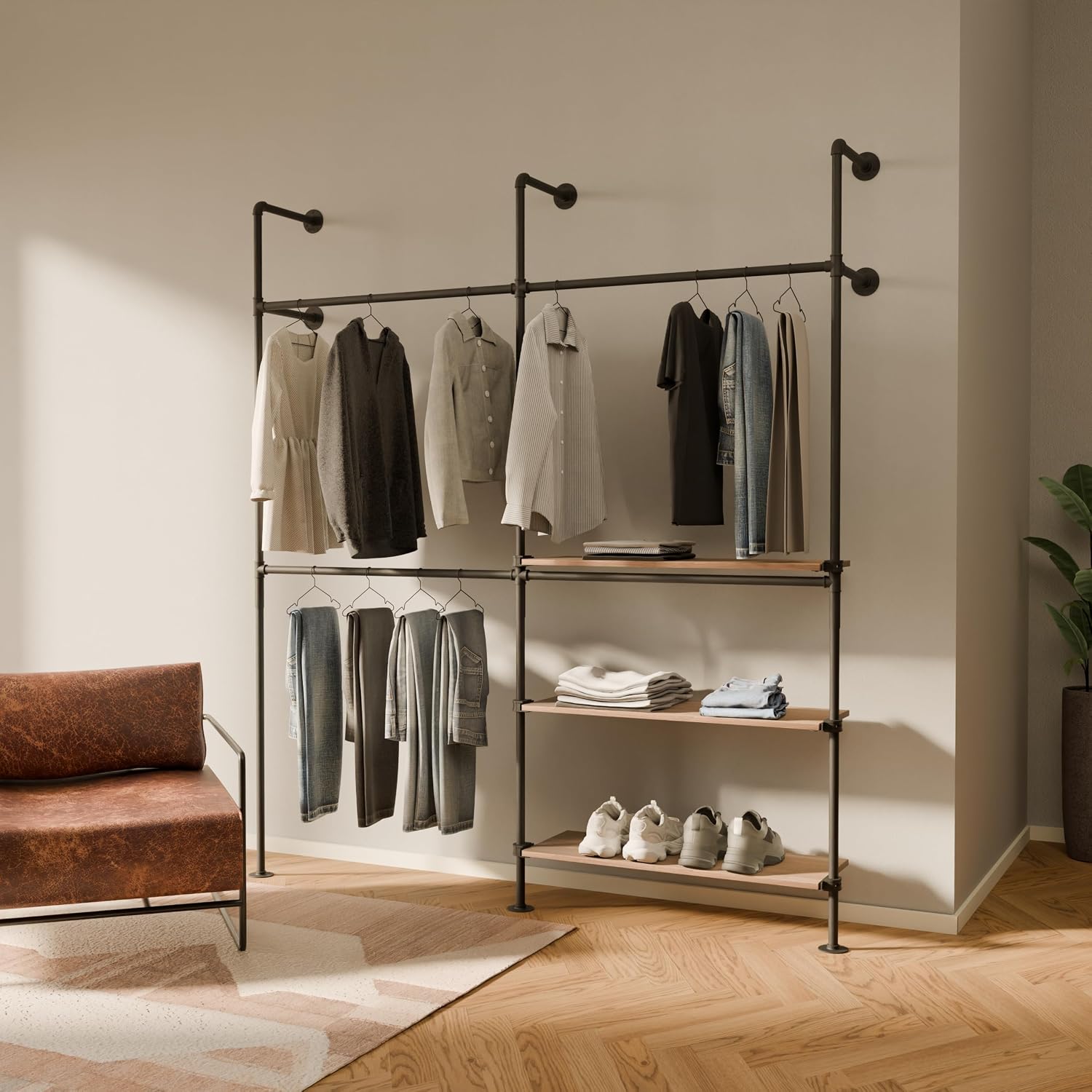 pamo Industrial Pipe Clothing Rack with Shelf – Wall Mounted Closet System, Black Powder-Coated Steel, Oak Boards – Walk-In Closet Organizer & Retail Clothing Rack
