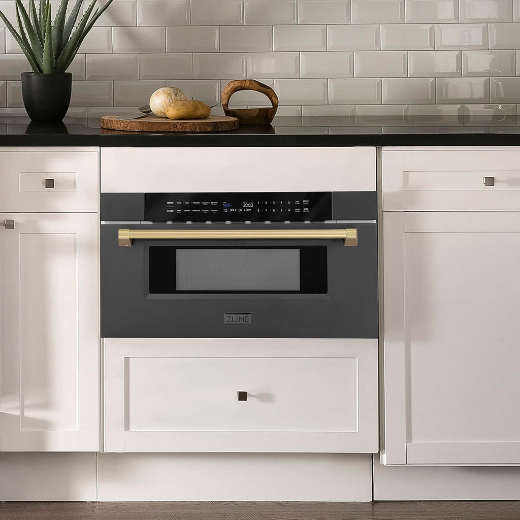 ZLINE Autograph Edition 30' 1.2 cu. ft. Built-in Microwave Drawer in Black Stainless Steel and Champagne Bronze Accents