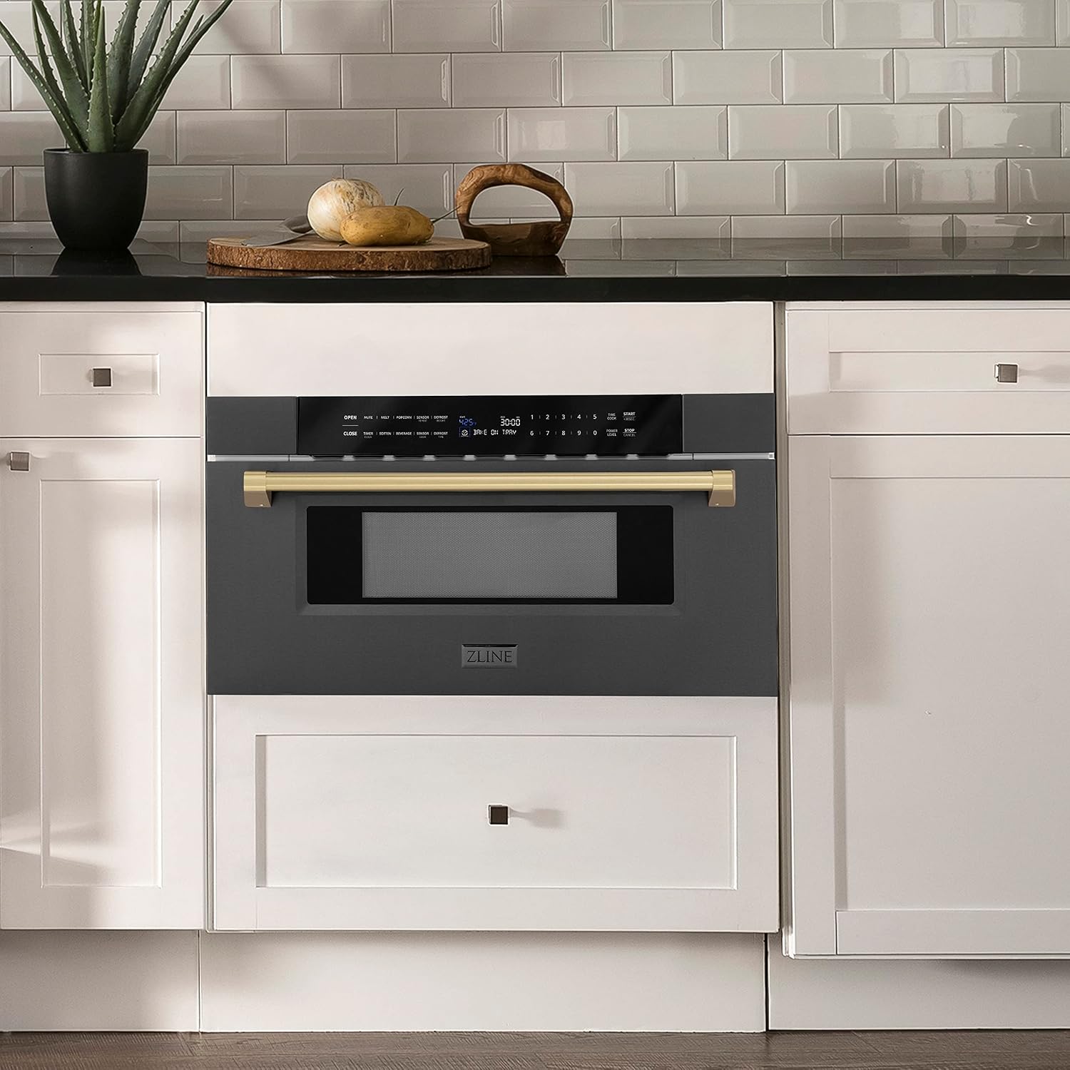 ZLINE Autograph Edition 30' 1.2 cu. ft. Built-in Microwave Drawer in Black Stainless Steel and Champagne Bronze Accents