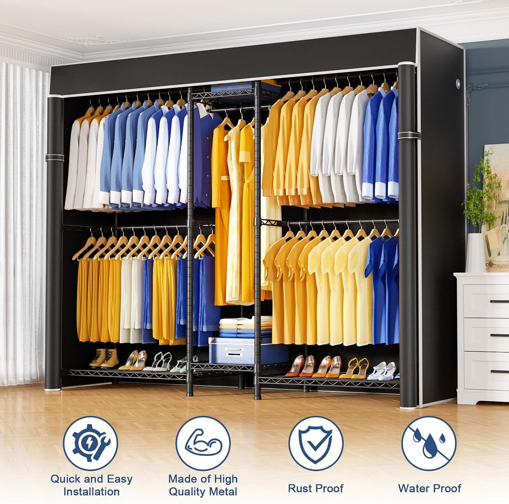 Ulif E12C Pro Heavy Duty Closet Organizer System，Freestanding Clothing Rack, Adjustable Garment Rack 71' W x 16' D x 76.5' H Holds 960 lbs, Black Rack with Black Dustproof Cover