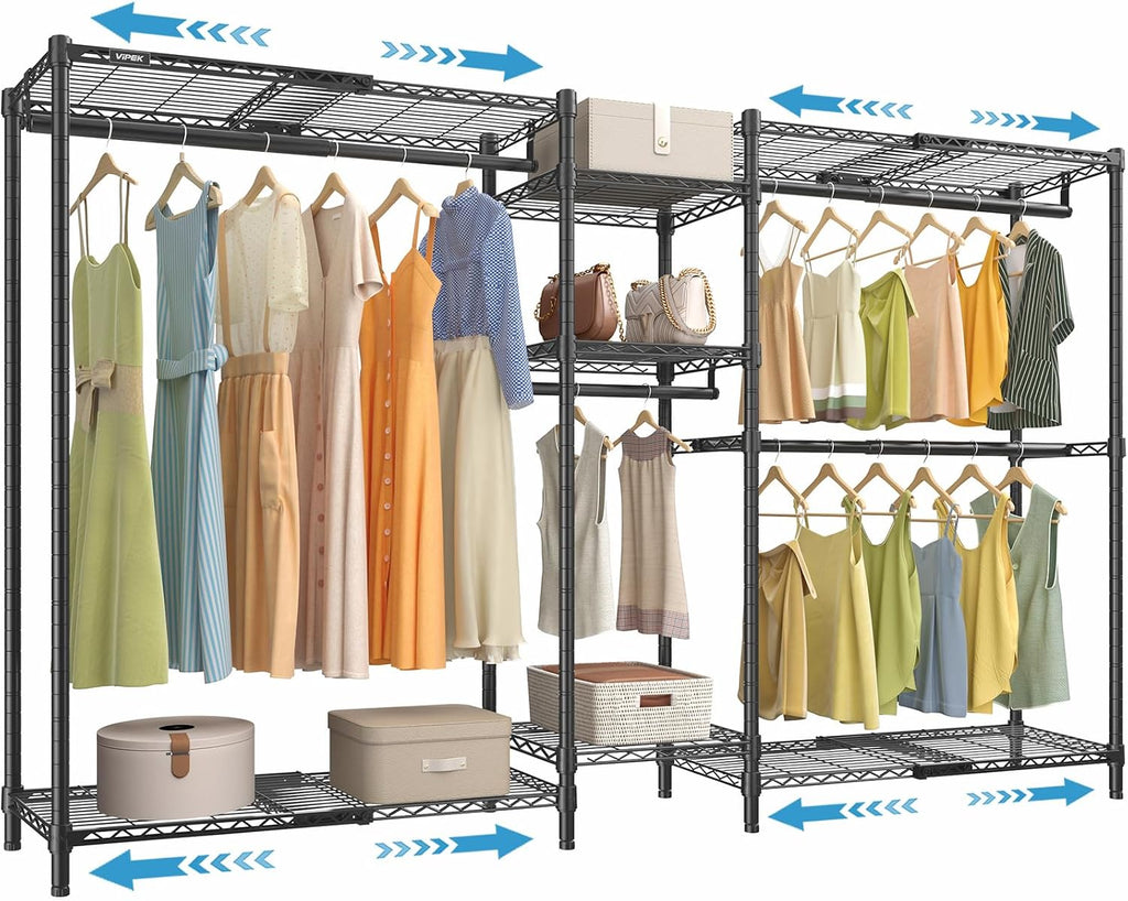 VIPEK Classic V6X Dynamic Closet System, Expandable Freestanding Clothes Rack with Shelves & Hanging Rods, Adjustable Width 62'-96', Modular Metal Clothing Rack Organizer for Reach-in Closet