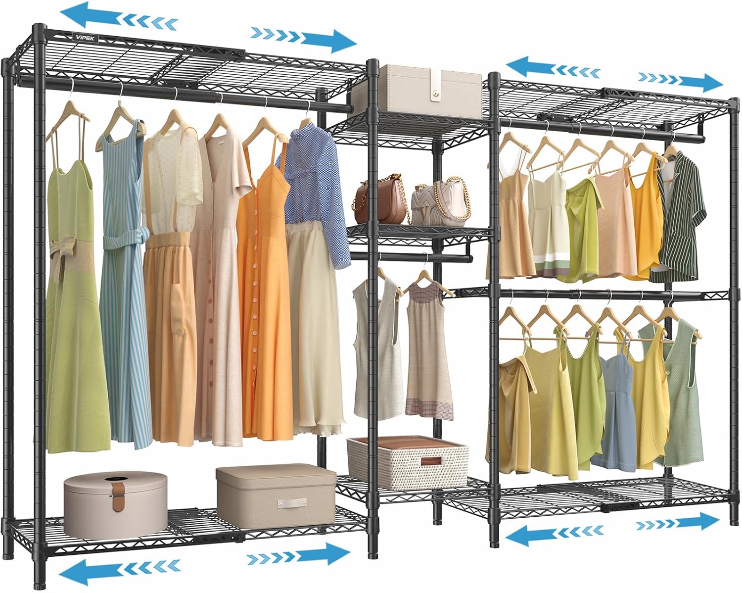 VIPEK Classic V6X Dynamic Closet System, Expandable Freestanding Clothes Rack with Shelves & Hanging Rods, Adjustable Width 62'-96', Modular Metal Clothing Rack Organizer for Reach-in Closet