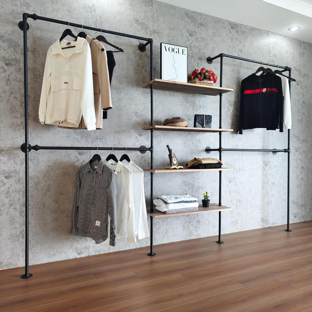 Industrial Pipe Clothing Rack Wall Mounted, DIY Custom Closet System with Shelves, Heavy Duty Garment Hanging Rack for Walk in Closet, Laundry Room, Retail Display, 14.6x122.8x82.7 in, Y05