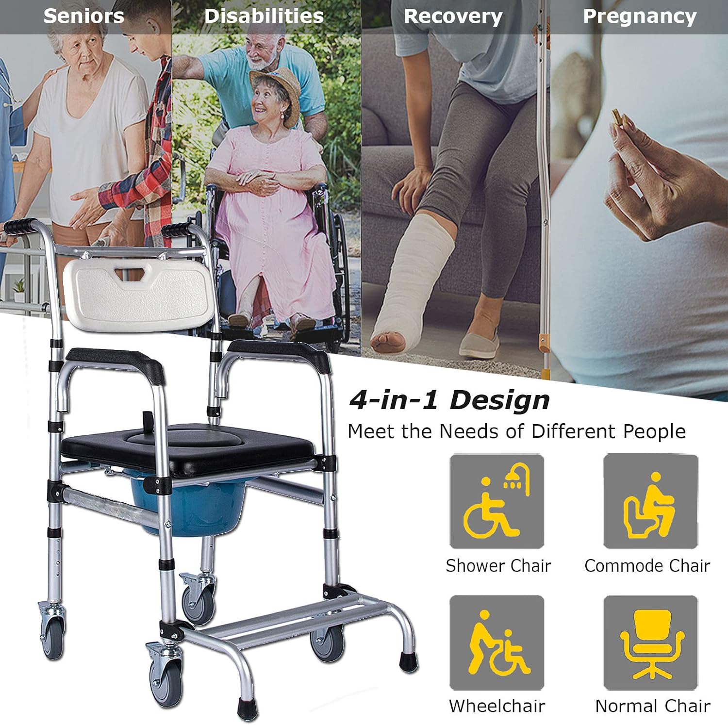 Stand Alone Raised Toilet Seat Heavy Duty Medical Homecare Commode Chair, 5-Gears Height Adjustable Legs, Bathroom Assist Shower Chair for Elderly, Handicap, Disabled
