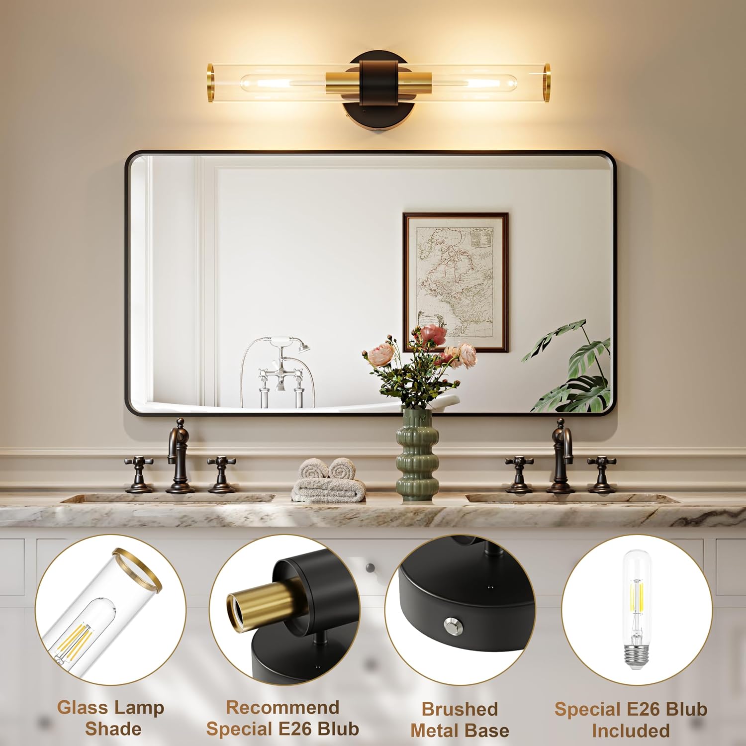 10000mAh Battery Operated Wall Sconces Set of 2, Black Gold Dimmable Rechargeable Wall Sconce with Remote, 20 Inch Wireless Warm Glass Wall Light for Bedroom Living Room Entryway (Bulbs Included)