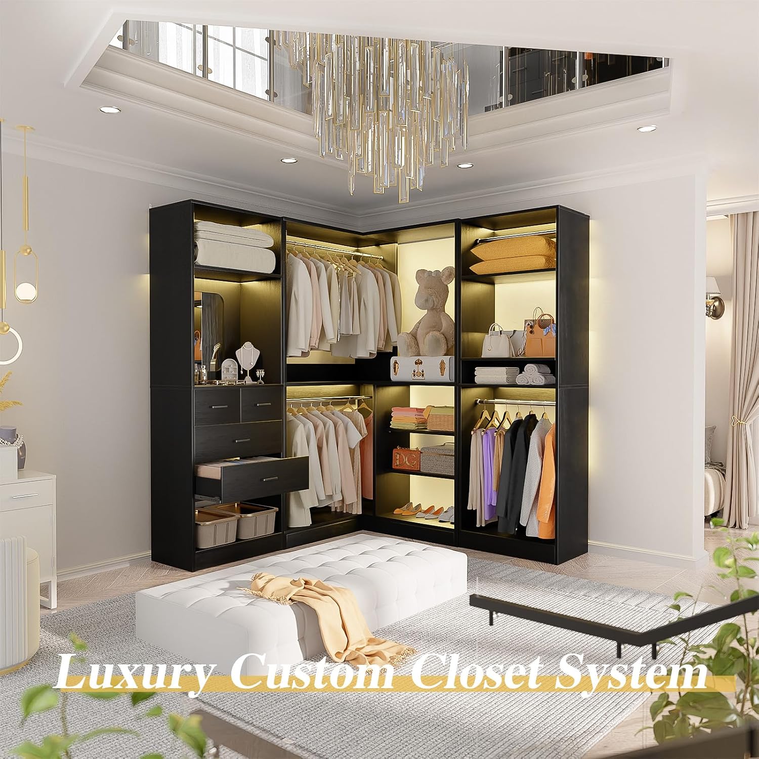 Unikito 86' Closet System, Corner Closets Organizer with Hanging Rods and Mirror, Freestanding Adjustable Clothes Garment Racks with Drawers, Sturdy Walk in Closet Kit with 3 Set Closets Tower, Black
