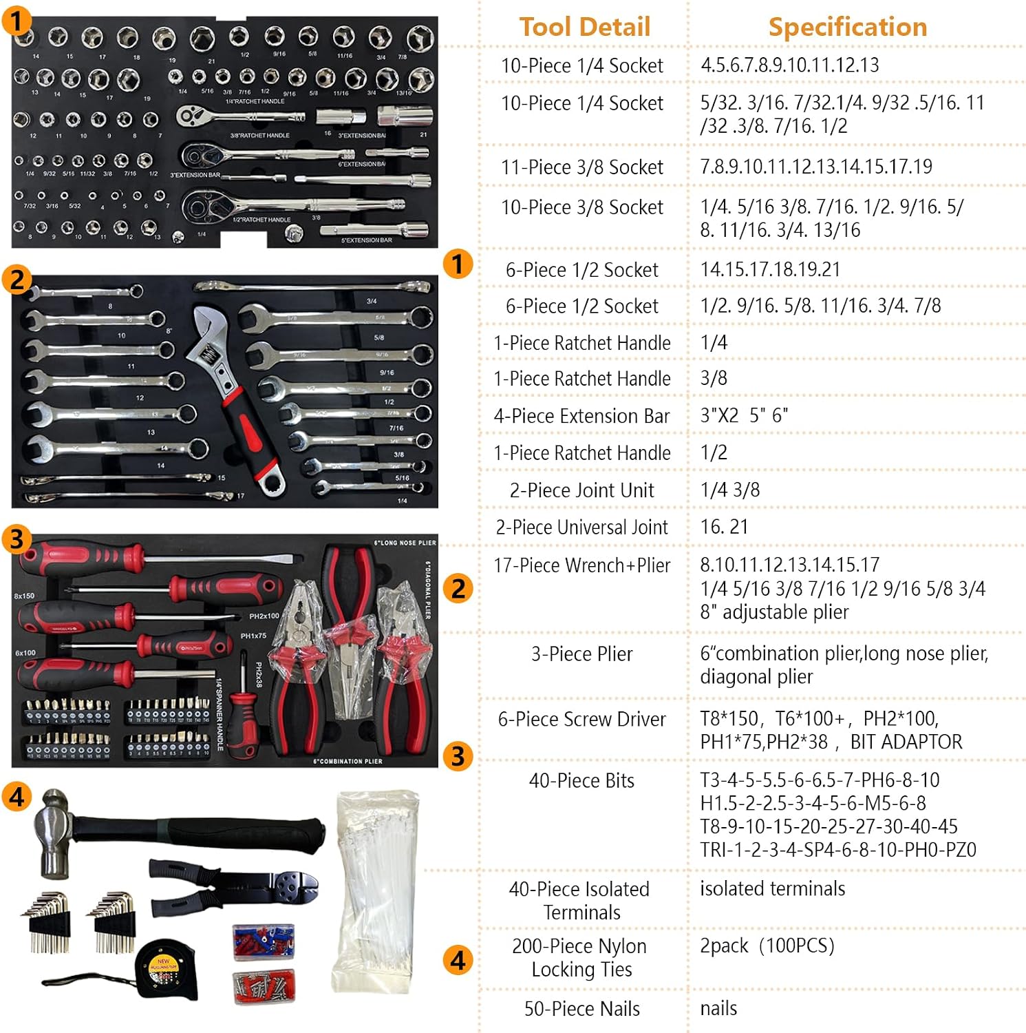 439 Piece Tool Set with Tool Box, 3-Drawer Toolbox Storage Case with Lock Portable Tool Chest with Tool Set General Household Tool Storage Organizer for Garage Workshop, Black + Red