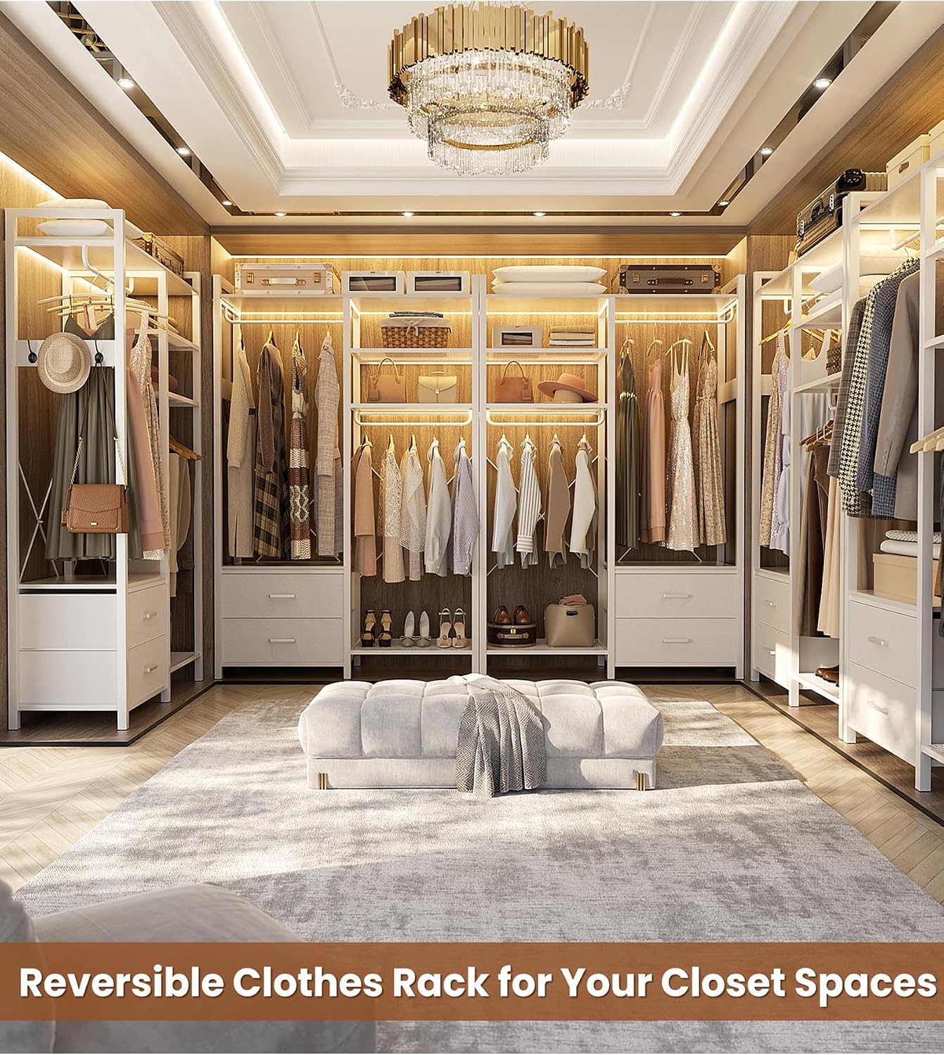 78.7'' Clothes Rack for Hanging Clothes - Reversible Clothing Rack with 2 Drawers, Heavy Duty Garment Racks with Shelves, 6 Tiers Freestanding Portable Closet Wardrobe System with Hanging Hooks, White
