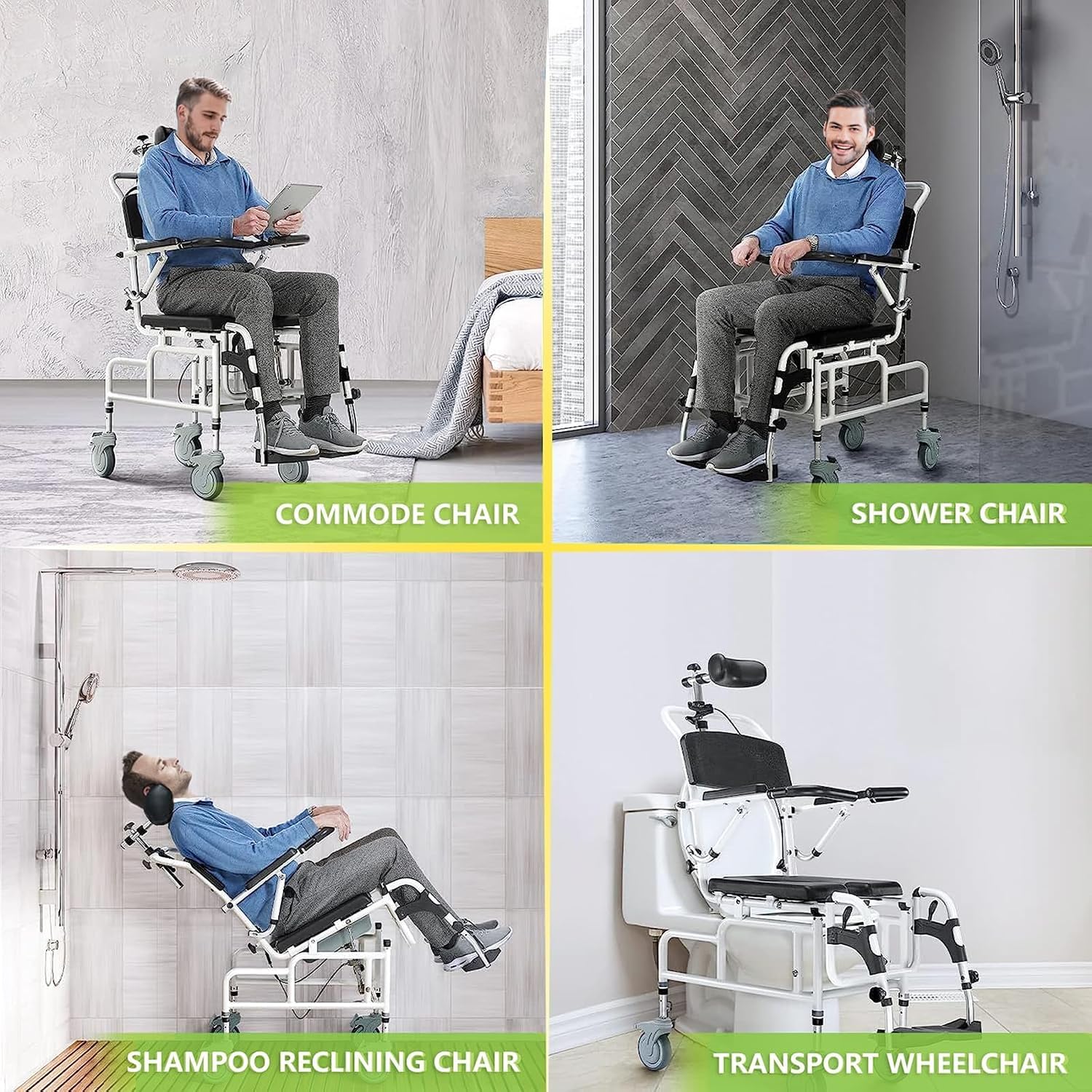 Shower Chair with Soft Seat Cushion, Reclining Shower Chair, Transport Chair Medical Shower Chair, Toilet Chair 300lbs Weight Capacity