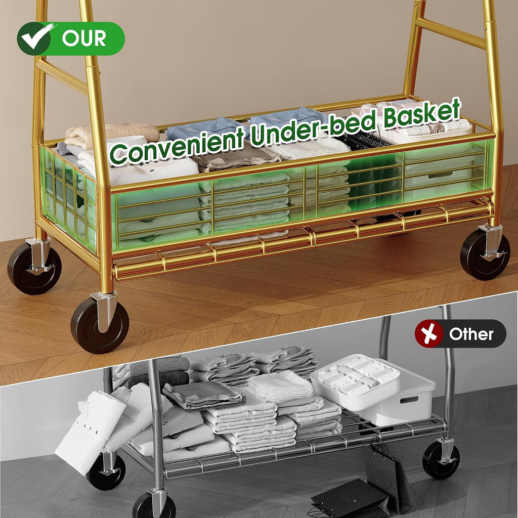 Raybee Heavy Duty Clothes Rack 630LBS, Double Rods Clothing Rack with Storage Basket, Portable Garment Rack for Heavy Clothes, Extendable & Adjustable, Bedroom, Closet, Commercial, Gold