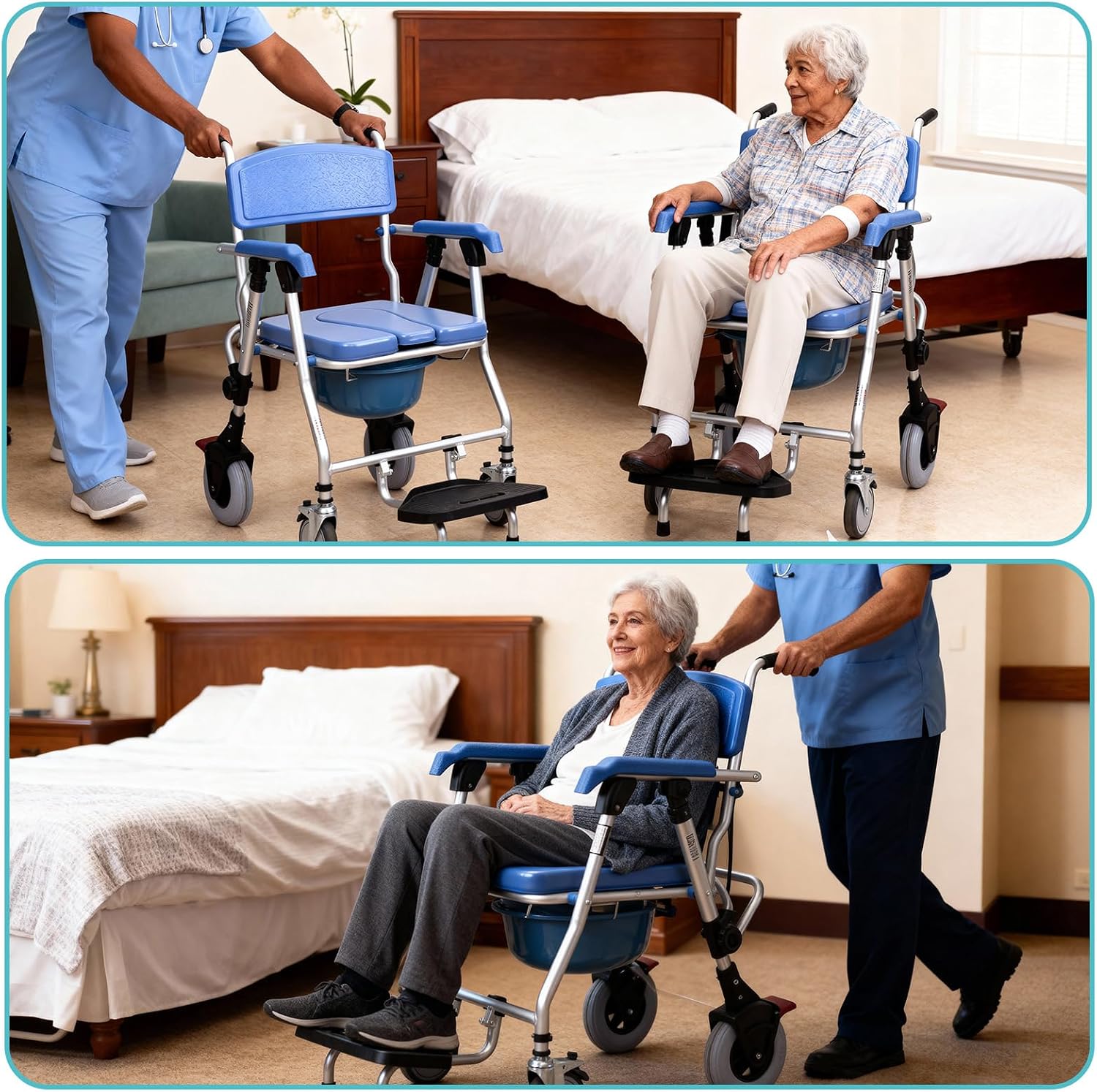 Bedside Commode with Wheels - Anti-Sponge Padded Seat, Foldable Mobile Toilet Shower Stool with 300 LBS Weight Capacity, Portable Toilet with Bucket for Elderly and Disabled