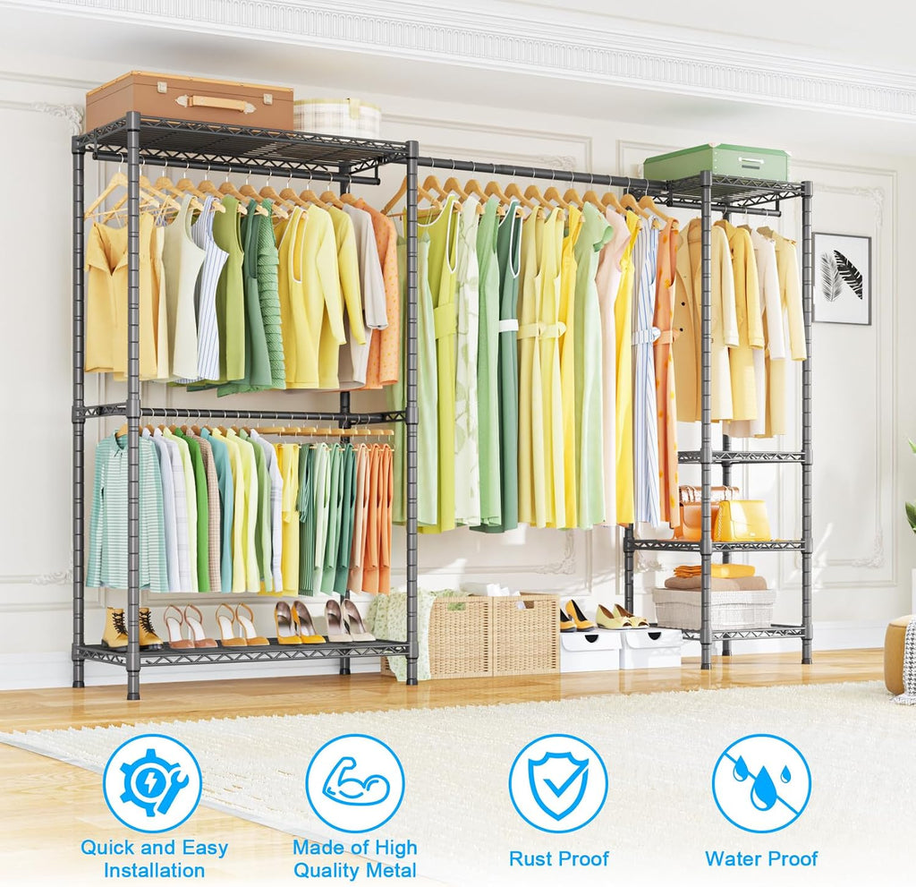 Ulif E10 Clothes Rack（With Stretchable Hanger Rod）Freestanding Clothing Racks for Hanging Clothes，Adjustable Closet Organizer System，Portable Garment Rack 73-97' W x 15' D x 72' H，Max Load 800LBS，Grey