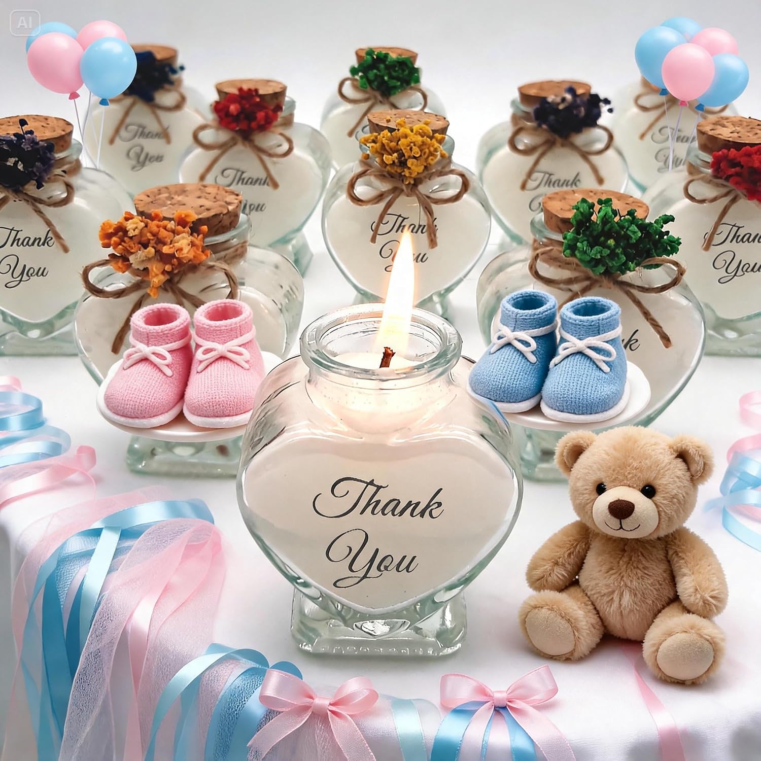 Wedding Favor guest Bulk, Set of Heart Glass Candle Party with custom sticker and dried flowers Bridal Party, Baby shower gifts (Blue Heart Glass, Set of 50)