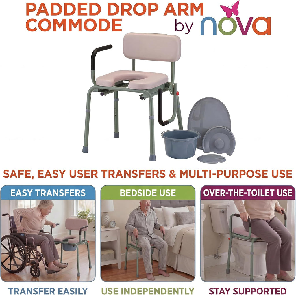 NOVA Medical Products Drop Arm Commode with Padded Seat and Back, Drop Down Arms for Easy Transfer, Stand Alone Bed Side Commode and Over The Toilet Commode, Comes with Bucket, Lid and Slash Guard Gray 1 Count