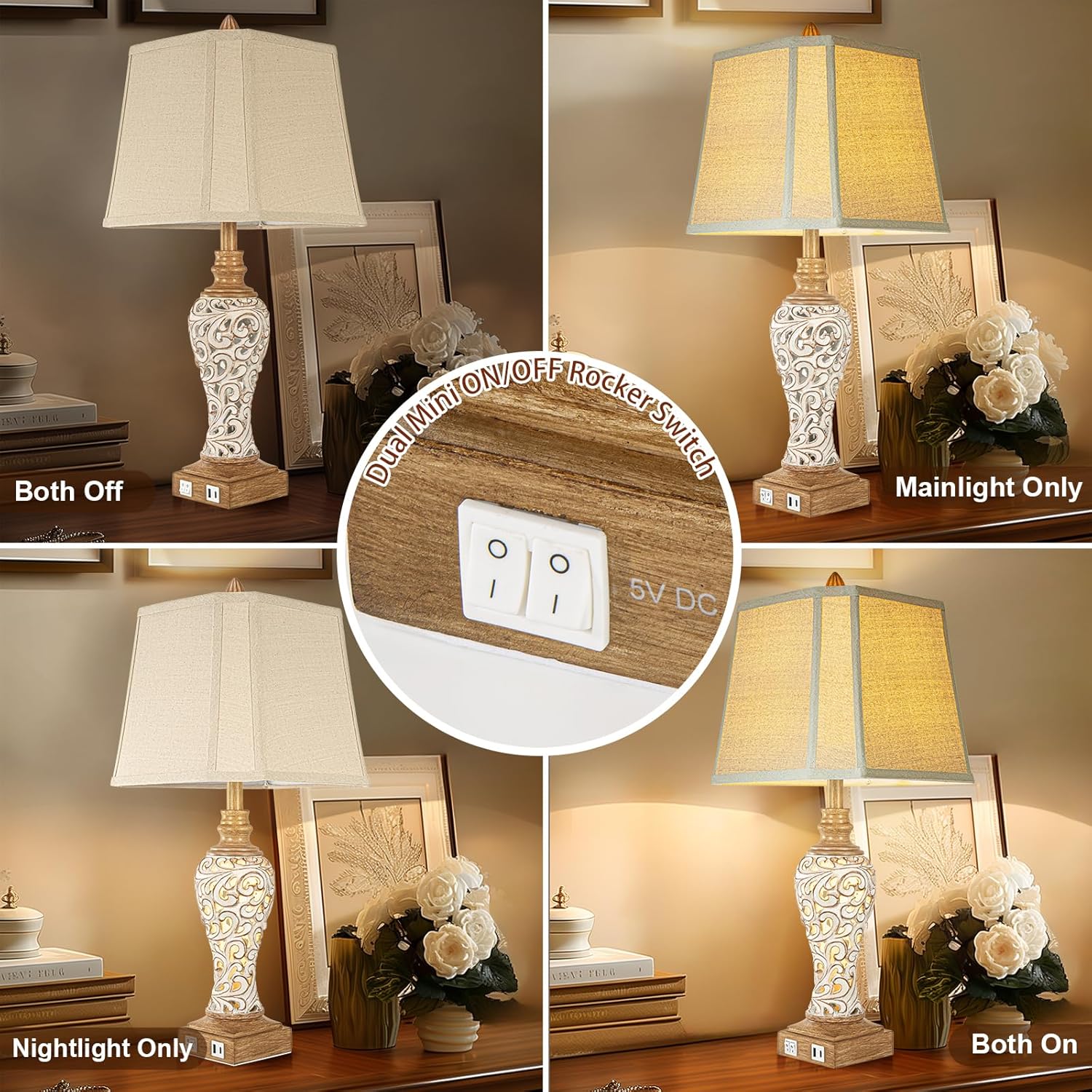 28.5' Rustic Table Lamp Set of 2 For Living Room Farmhouse Lamps for Bedroom, Bedside Lamps with Night Lights And USB C+A Charging Ports for Decor Office Study Hotel (Bulbs Included)