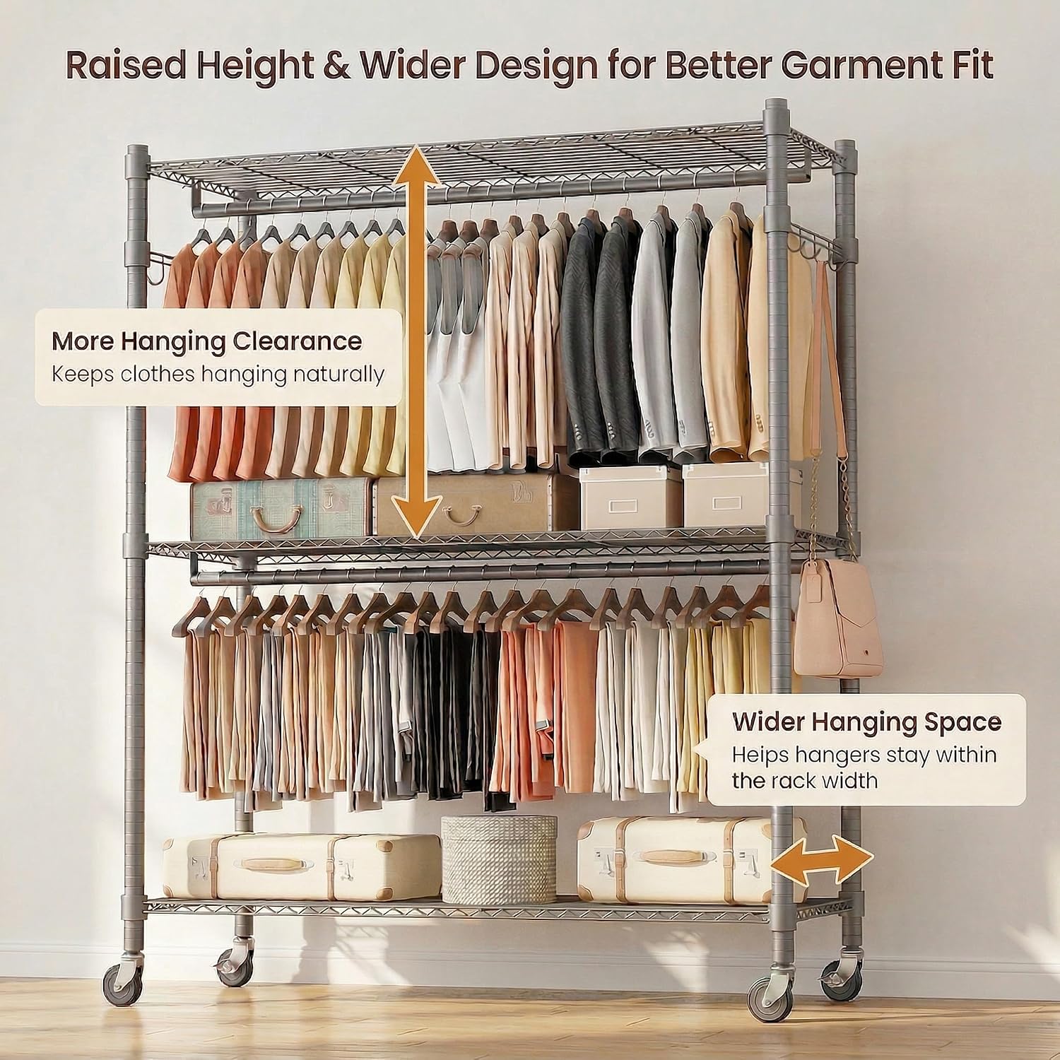 Homdox Rolling Clothes Rack Heavy Duty, 3-Tier Adjustable Wire Shelving Garment Organizer with Double Rods & Hooks, Portable Clothes Rack with Wheels, 17.72' D x 47.24' W x 80.71' H, Grey