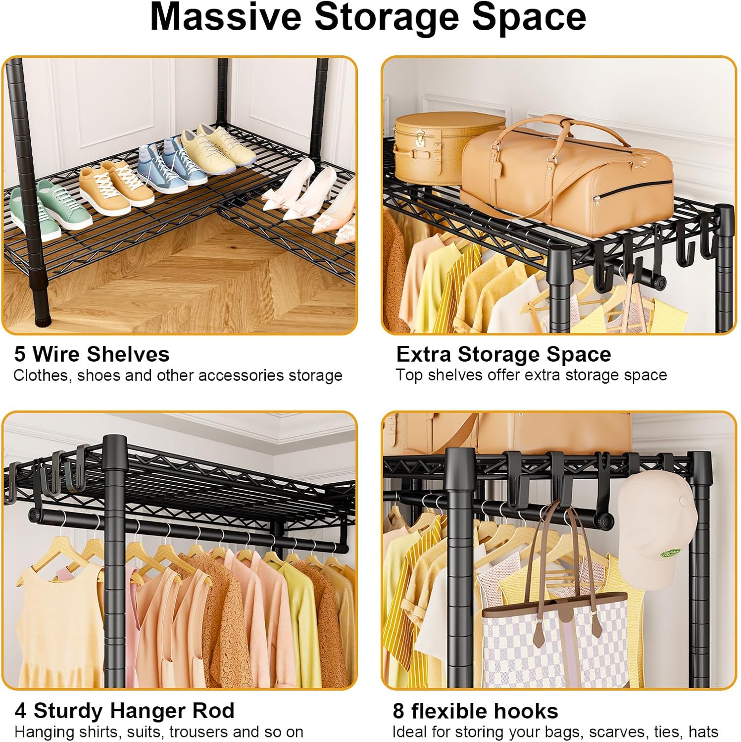 ULIFHOME E15 Garment Rack L Shaped Clothes Rack for Corner，Freestanding Clothing Racks for Hanging Clothes，Heavy Duty Closet Organizer with 4 Hanging Rods & 8 S Hooks，43.4' W x 15.8' D x 78.4' H，Black