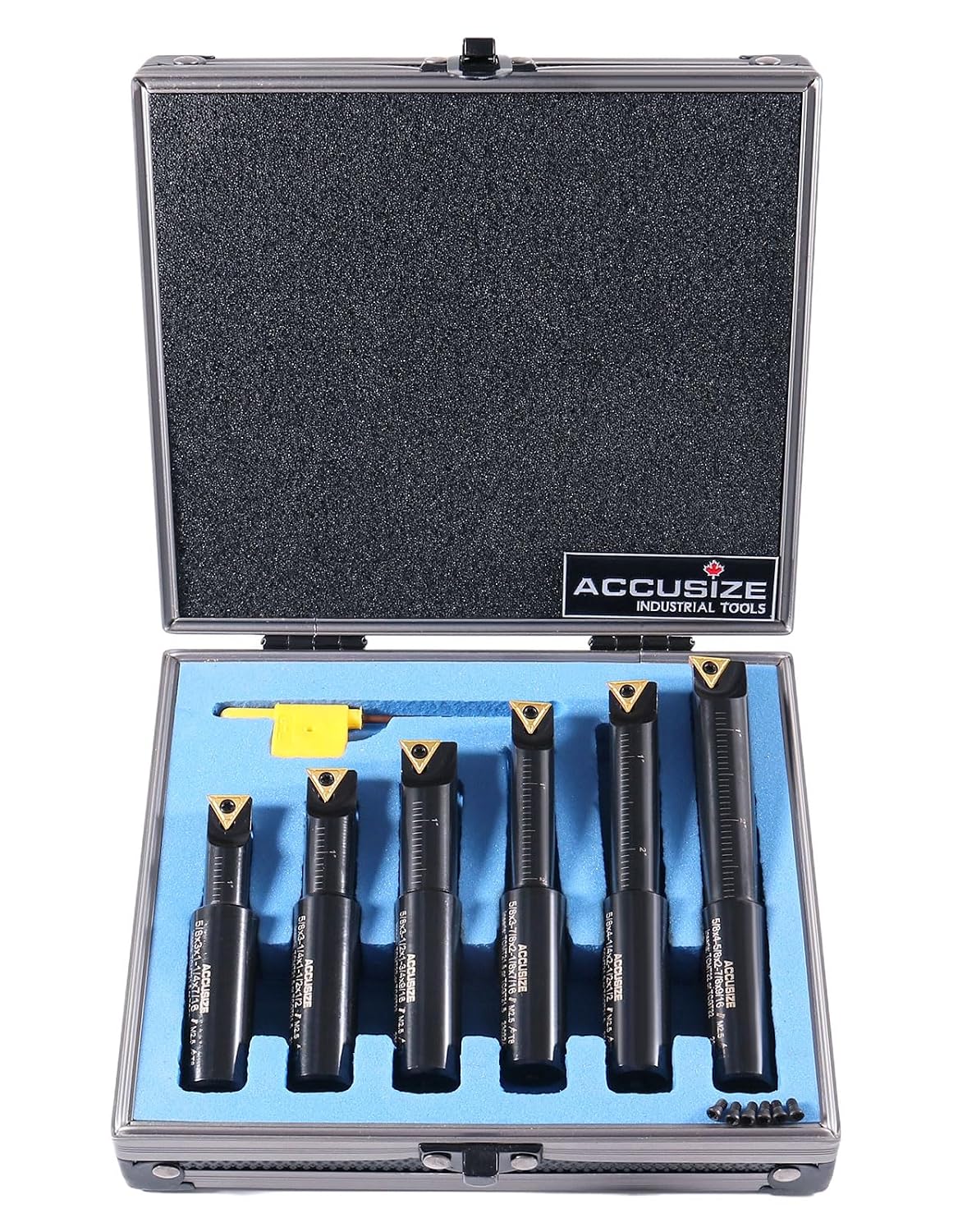 Accusize Industrial Tools Round Shank Indexable Boring Bar, 5/8 in | 6-Piece Set with TCMT 21.5 Carbide Inserts, 90 Degree, Bore Depth 1-1/4 in to 2-7/8 in, 2627-9106