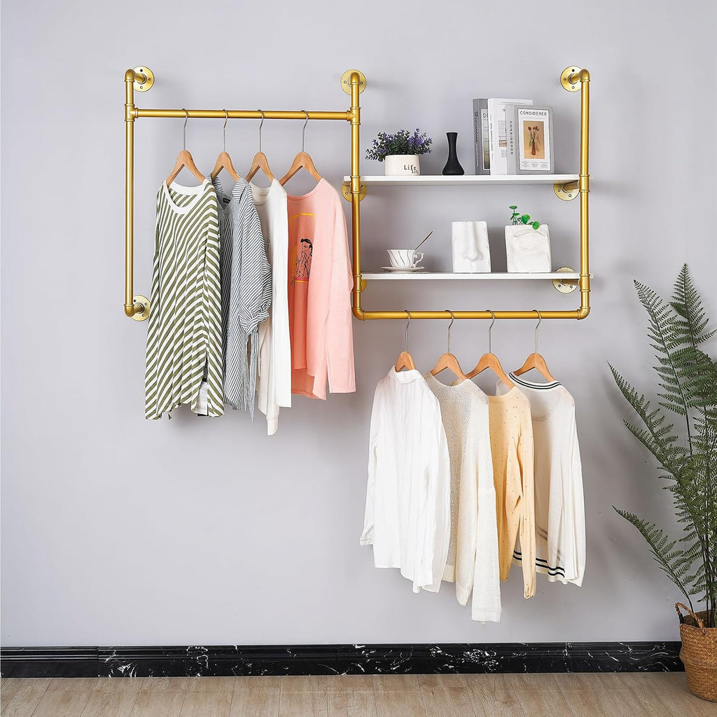 Industrial Pipe Wall-Mounted Clothing Rack with 2 Wood Shelves - Heavy Duty Double Rod Metal Garment Organizer for Bedroom/Retail Stores, Gold (30H×12.5D×59W inch)