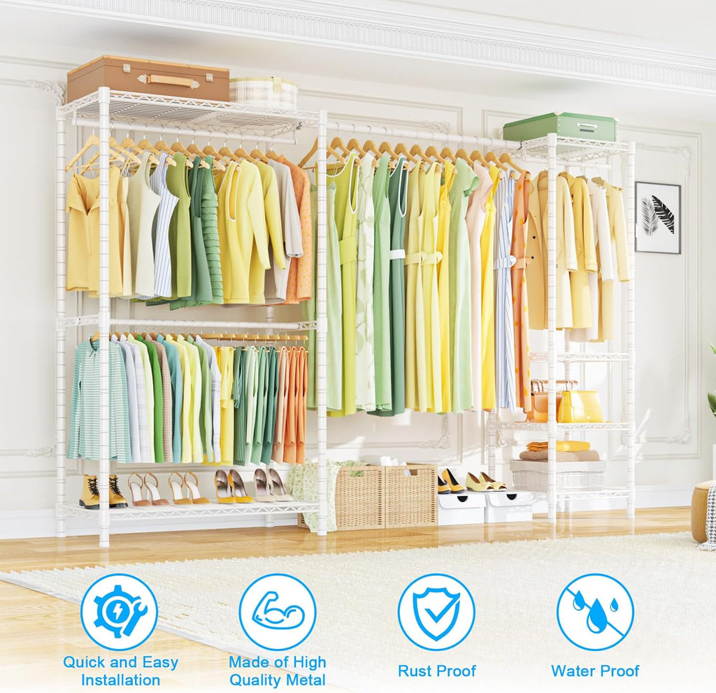 Ulif E10 Clothes Rack（With Stretchable Hanger Rod）Freestanding Clothing Racks for Hanging Clothes，Adjustable Closet Organizer System，Portable Garment Rack 73-97'W x 15' D x 72' H，Max Load 800LBS，White