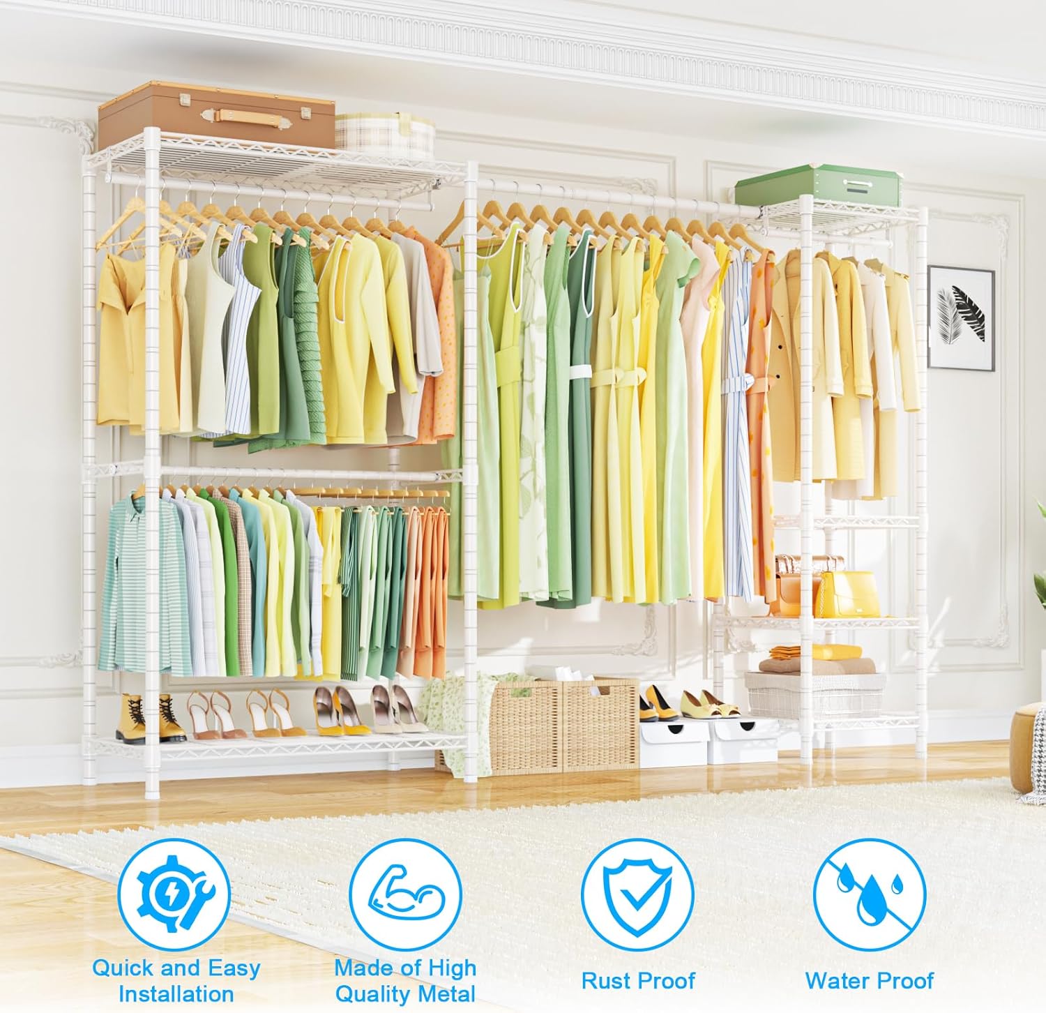 Ulif E10 Clothes Rack（With Stretchable Hanger Rod）Freestanding Clothing Racks for Hanging Clothes，Adjustable Closet Organizer System，Portable Garment Rack 73-97'W x 15' D x 72' H，Max Load 800LBS，White
