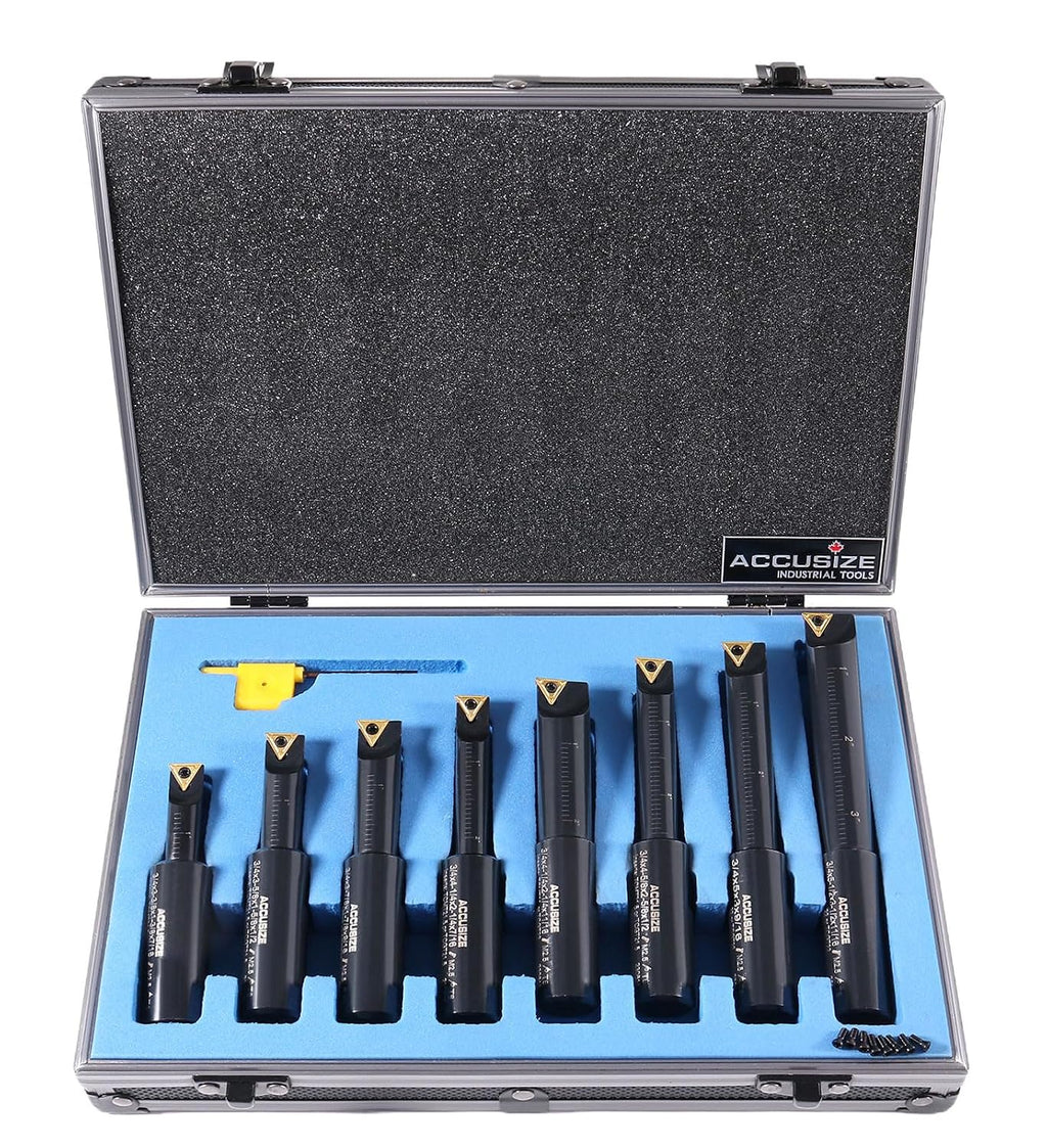 Accusize Industrial Tools Round Shank Indexable Boring Bar, 3/4 in | 8-Piece Set with TCMT 21.5 and TCMT 22 Carbide Inserts, 90 Degree, Bore Depth 1-3/8 in to 3-1/2 in, 2627-9108