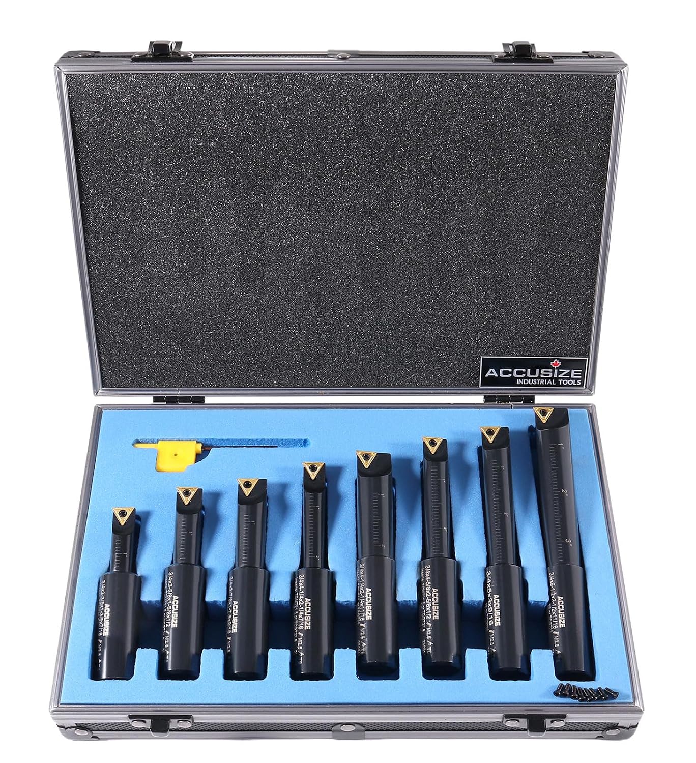 Accusize Industrial Tools Round Shank Indexable Boring Bar, 3/4 in | 8-Piece Set with TCMT 21.5 and TCMT 22 Carbide Inserts, 90 Degree, Bore Depth 1-3/8 in to 3-1/2 in, 2627-9108