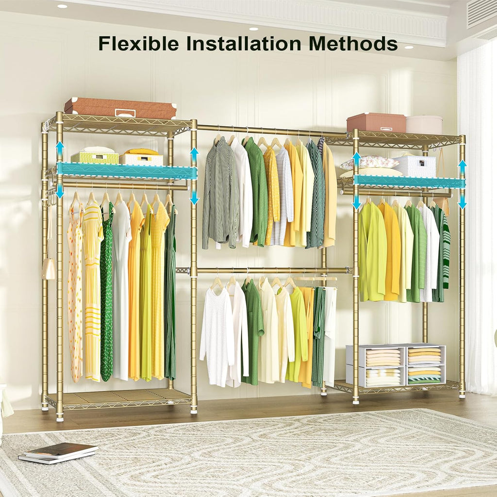 Ulif E1 Heavy Duty Closet Garment Rack, 6 Tiers Adjustable Metal Freestanding Expandable Clothing Storage with 4 Hanger Rods, Easy to Assemble Wardrobe, 71.4' H x (70' - 88.2') L x 14' D, Gold